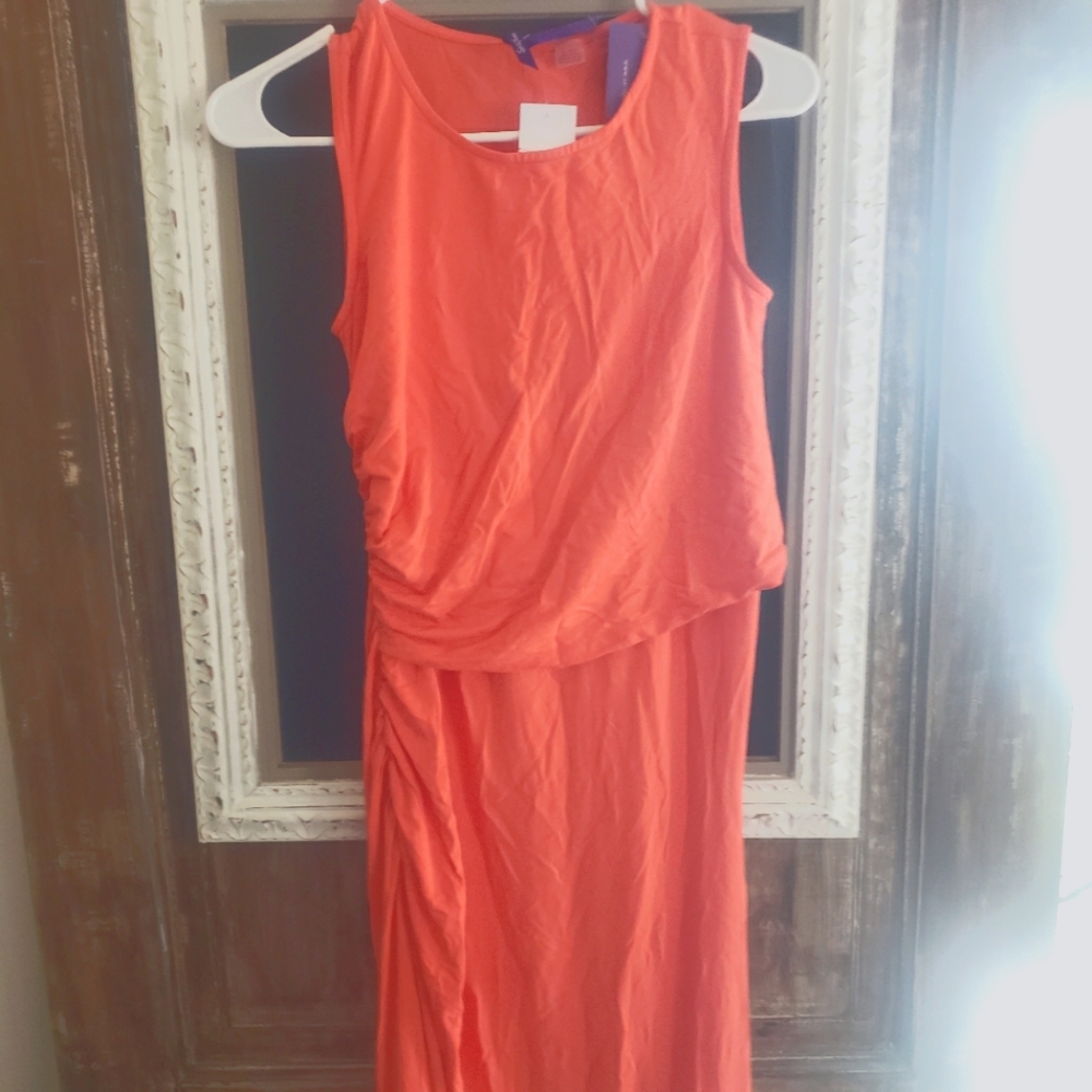 Seraphine Orange Asymmetrical Ruched Halter Dress